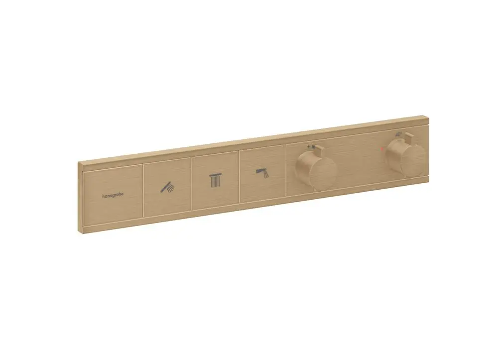 Thermostatsteuerung von Hansgrohe in gebürsteter Bronze für drei Verbraucher mit Bedienelementen zur Temperatur- und Wassermengenregelung.